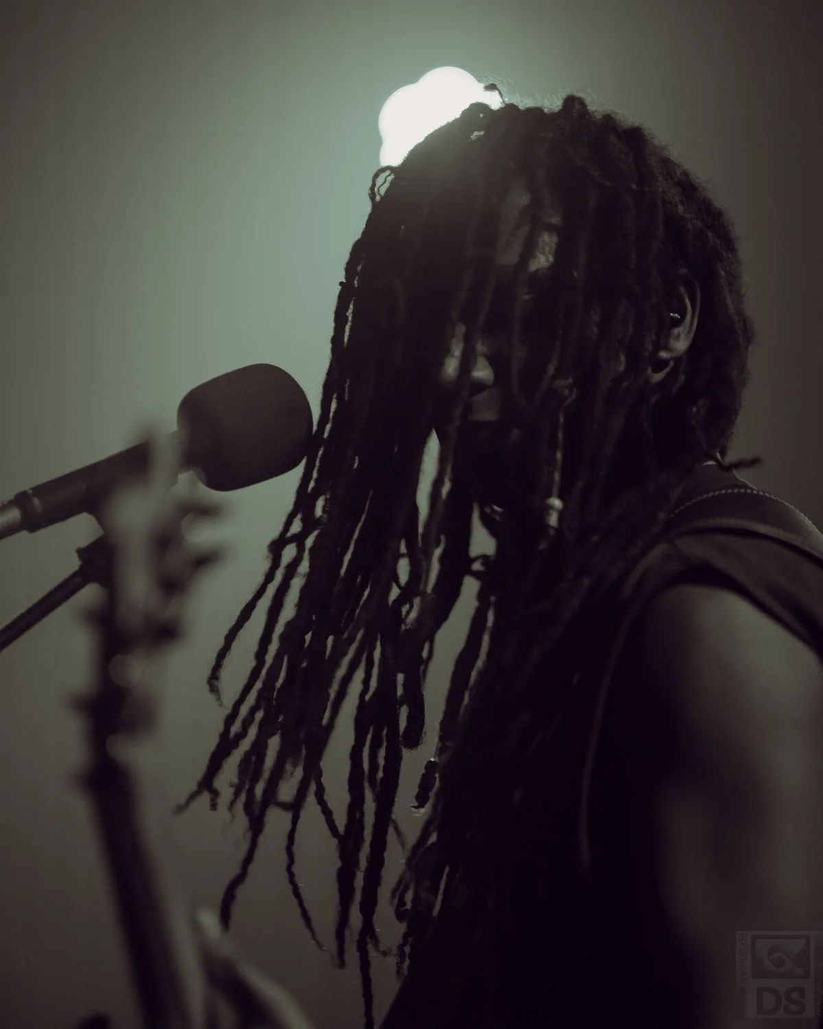 Musiker mit Dreadlocks vor einem Mikrofon